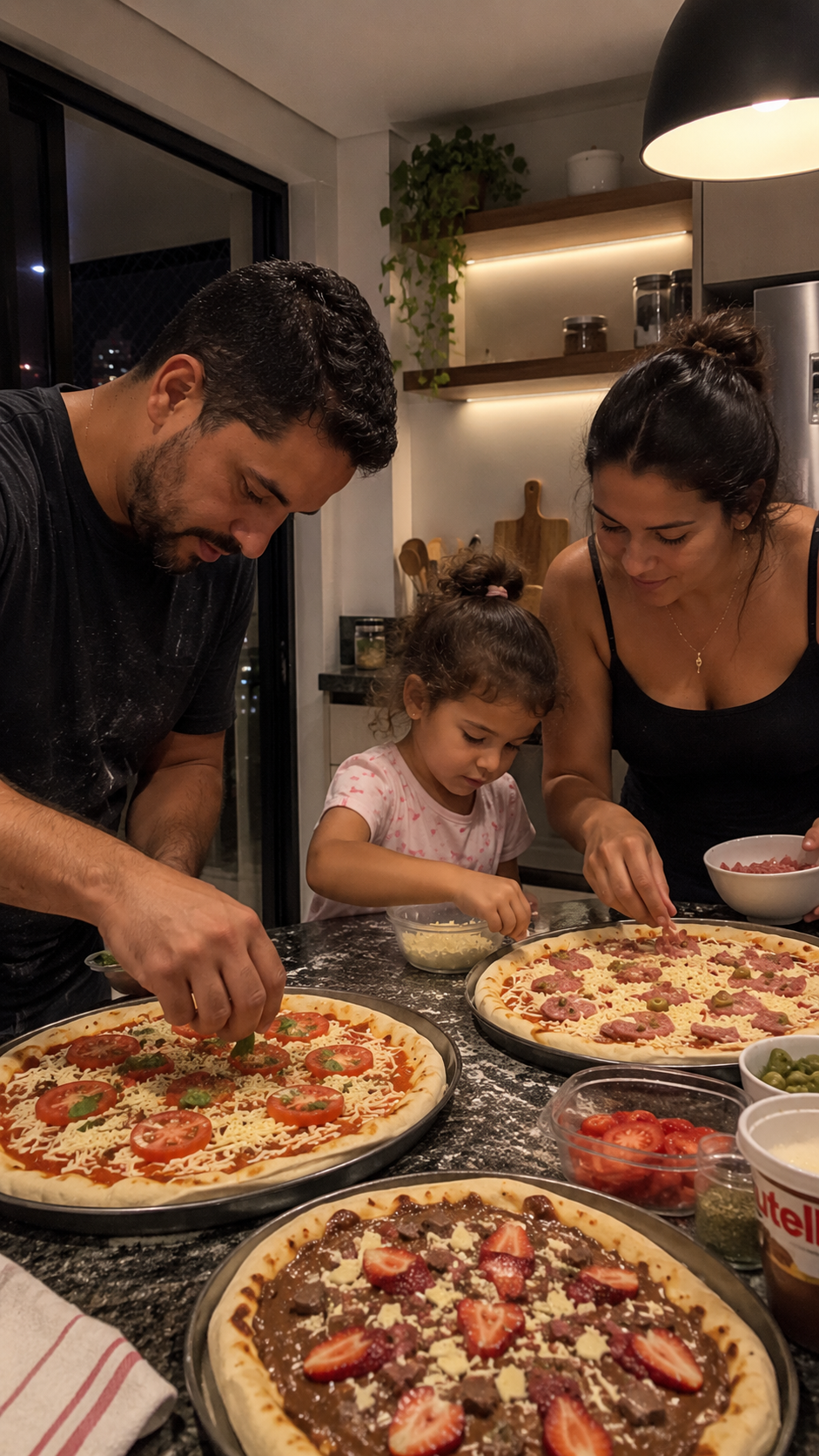 Família preparando pizza em casa